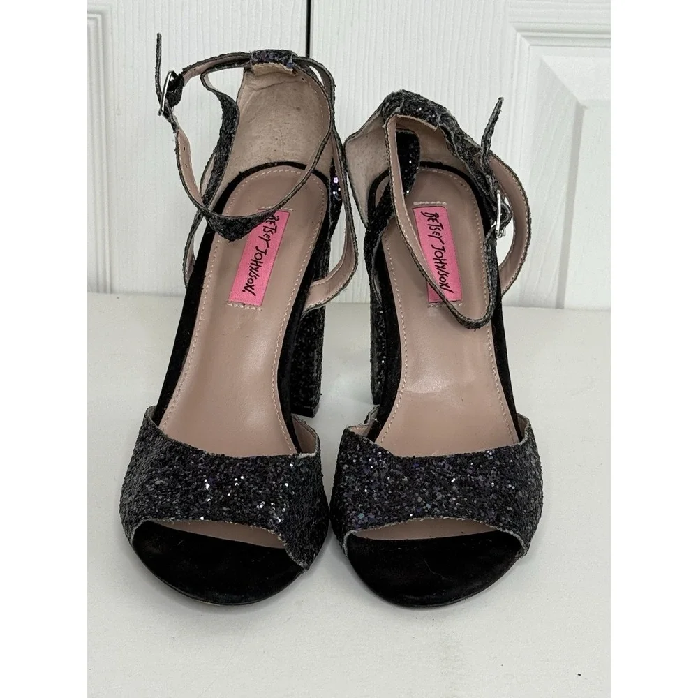 Betsey Johnson Glissten Black Glitter Heels Peep Toe Adjustable Ankle Strap Sz 9 - Picture 2 of 15
